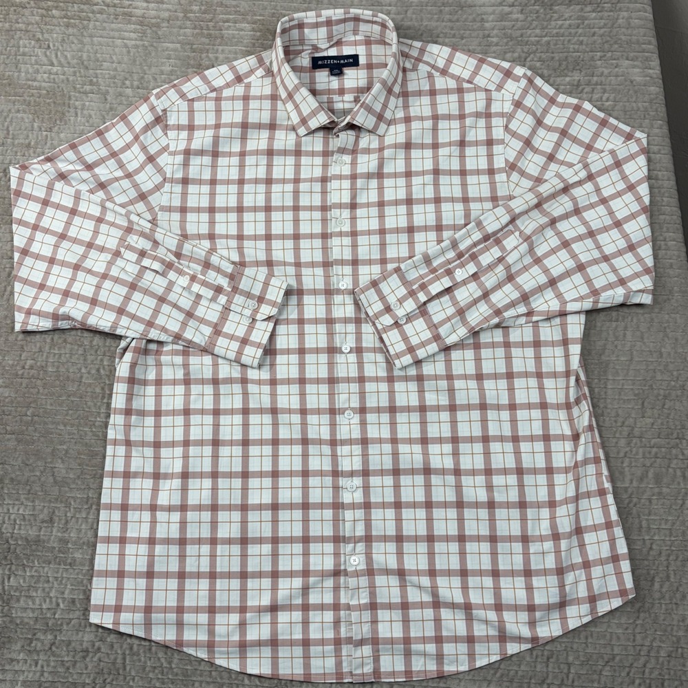 Mizzen + Main Mens XXL Classic Fit Plaid Performance Dress Shirt 1WS-1030 Pink